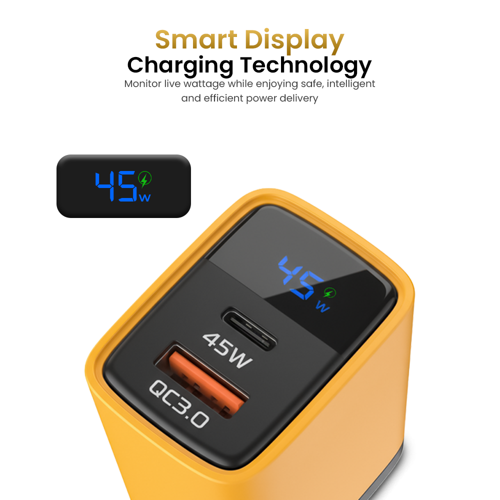 45W Super Fast Charger USB-C + USB-A | Dual Port Fast Charging Adapter with LED Watt Display