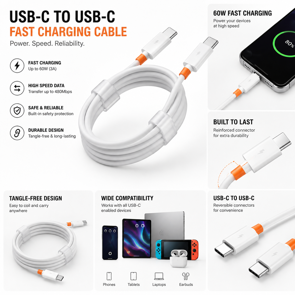 USB-C to USB-C Fast Charging Cable 60W PD | 3A Type-C to Type-C Charging & Data Cable