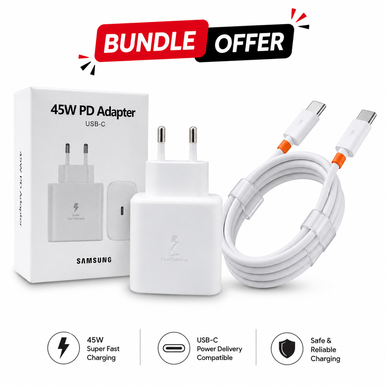 45W Super Fast USB-C Charger with Type-C Cable | Rapid PD Charging