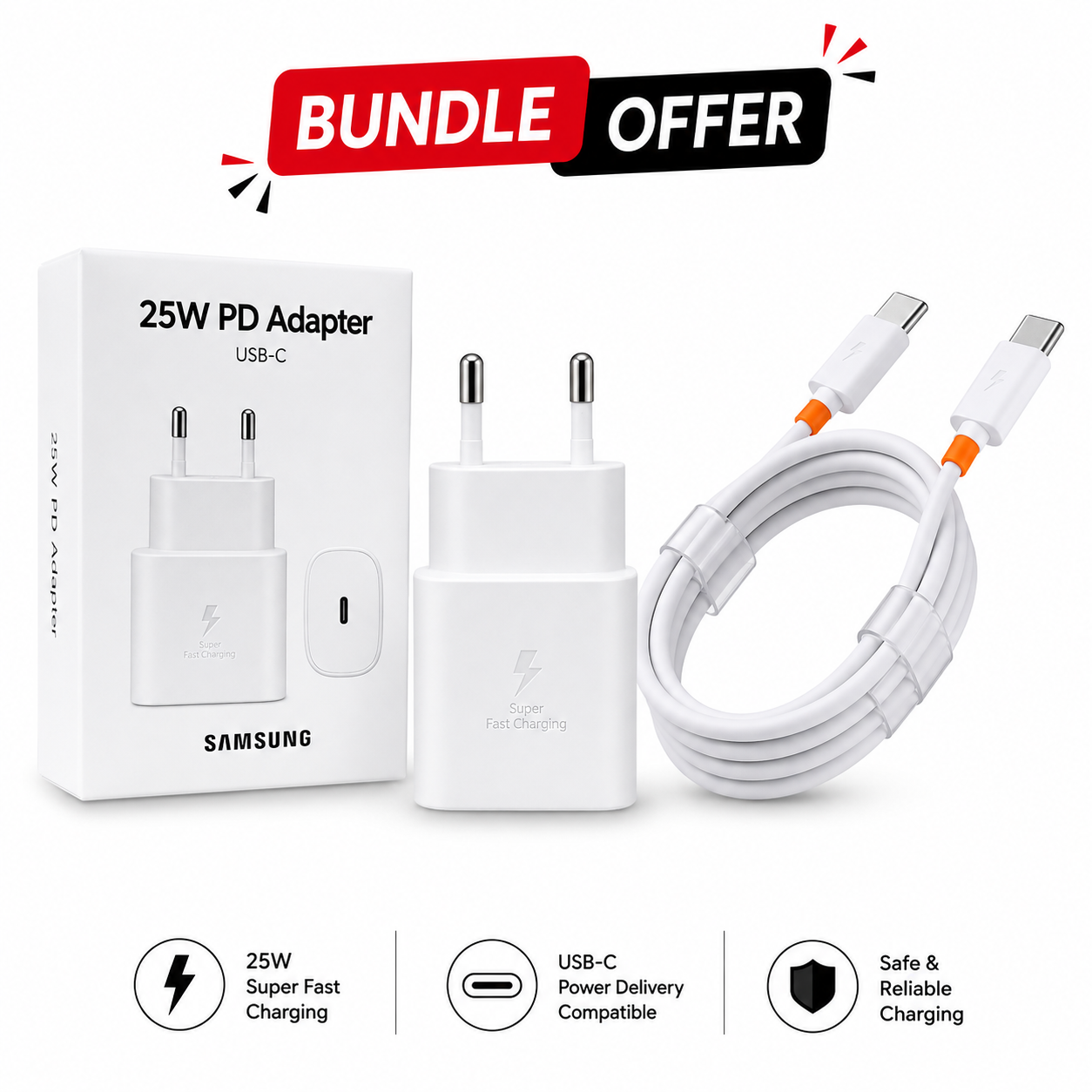 Samsung 25W Fast Charger + USB-C to USB-C Cable Bundle | PD Adapter