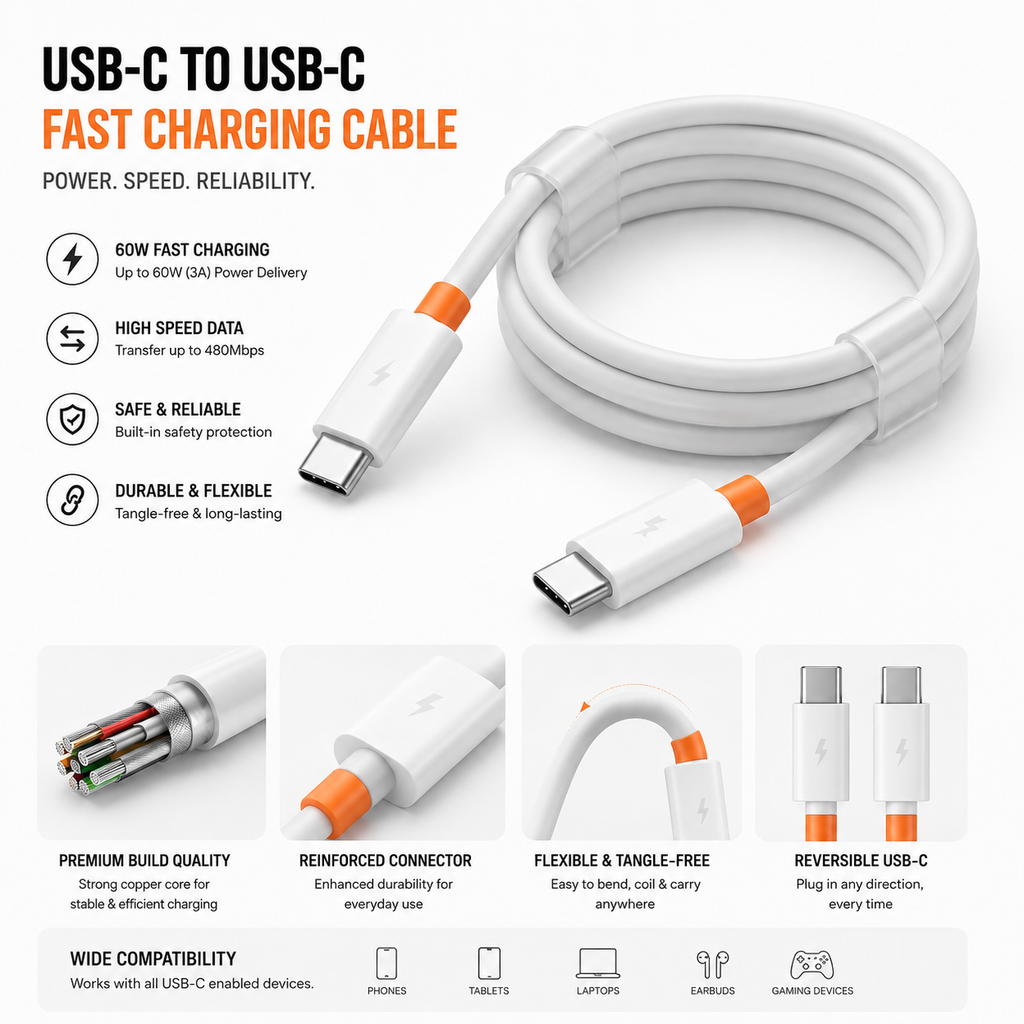 USB-C to USB-C Fast Charging Cable 60W PD | 3A Type-C to Type-C Charging & Data Cable