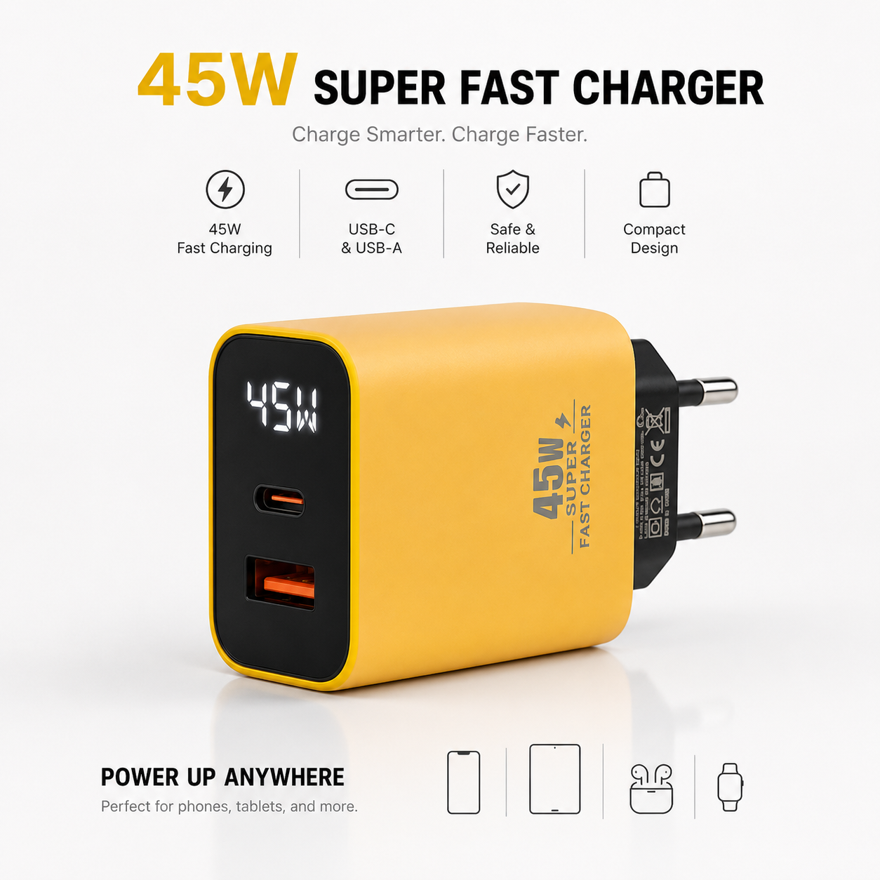 45W Super Fast Charger USB-C + USB-A | Dual Port Fast Charging Adapter with LED Watt Display